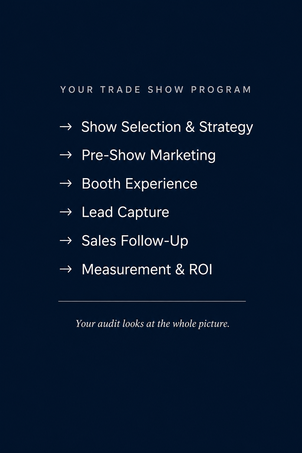 Your Trade Show Program - Show Selection & Strategy, Pre-Show Marketing, Booth Experience, Lead Capture, Sales Follow-Up, Measurement & ROI
